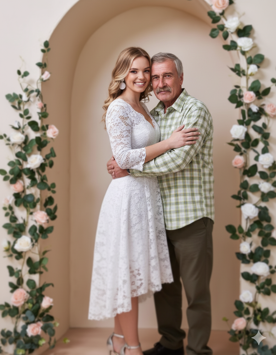 Foto criada com IA mostrando noiva e pai juntos
